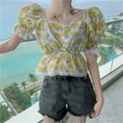 Puff-sleeve Floral Print Lace Trim Crop Top As Shown In Figure - One Size