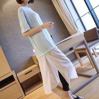 Chiffon Panel Elbow-sleeve Side-slit Midi T-shirt Dress