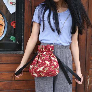 Crane Print Drawstring Chained Crossbody Bag