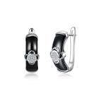 Sterling Silver Fashion Elegant Flower Black Ceramic Earrings With Cubic Zircon Silver - One Size