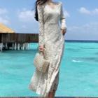 Long-sleeve Lace Sheath Dress Almond - One Size