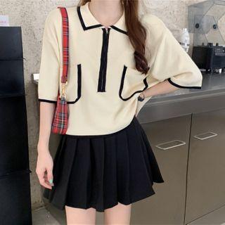 Elbow-sleeve Half Zip Knit Top