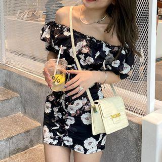 Off-shoulder Puff-sleeve Floral Tie-strap Shaping Dress
