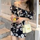 Off-shoulder Puff-sleeve Floral Tie-strap Shaping Dress