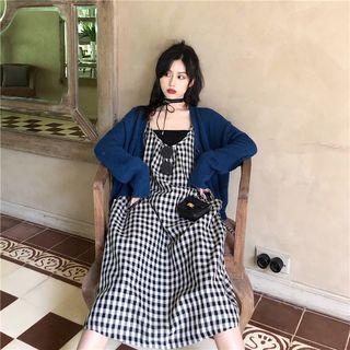 Plain Cardigan / Spaghetti Strap Plaid Midi Dress