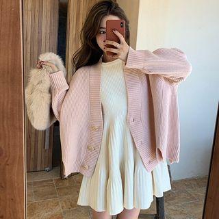 V-neck Ribbed Cardigan / Ribbed A-line Sweater Dress
