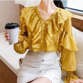 Ruffle Lantern-sleeve Chiffon Blouse