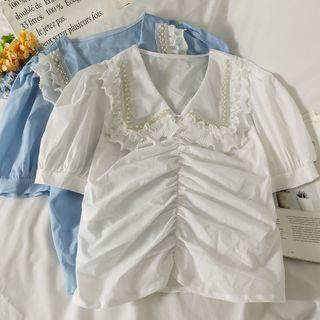 Pearl-trim Ruffle-trim Ruched Blouse