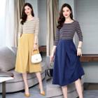 Set: 3/4-sleeve Striped Knit Top + Midi A-line Skirt