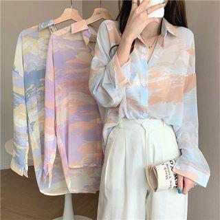 Long-sleeve Abstract Print Chiffon Shirt