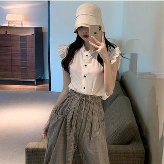 Ruffle Trim Sleeveless Blouse / Plaid Cropped Harem Pants