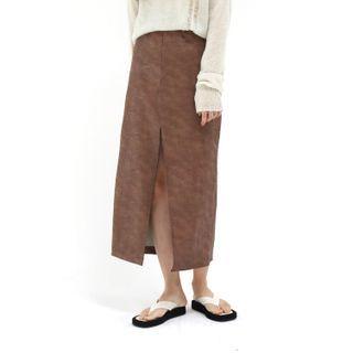 Deep-slit Long Faux-leather Skirt
