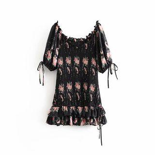 Elbow-sleeve Floral Smocked Mini Sheath Dress