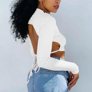 Long Sleeve Open-back Plain Crop Top