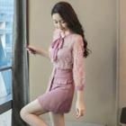 Set: Bow Accent 3/4-sleeve Blouse + High Waist Mini A-line Skirt