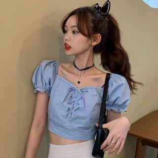 Puff-sleeve Square Neck Cropped Blouse Blue - One Size