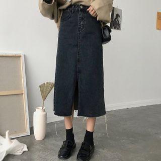 High-waist Plain Slit Denim Long Skirt
