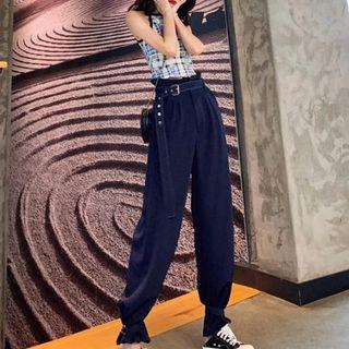 Plaid Sleeveless Top / Crop Harem Pants