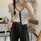 Short-sleeve Butterfly Applique Striped Ribbed T-shirt As Shown In Figure - One Size