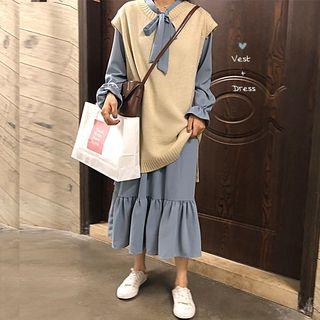 Long-sleeve Ruffle Trim Midi Dress / Knit Vest