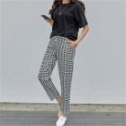 Set: Round-neck Plain T-shirt + Gingham Pants Black - One Size