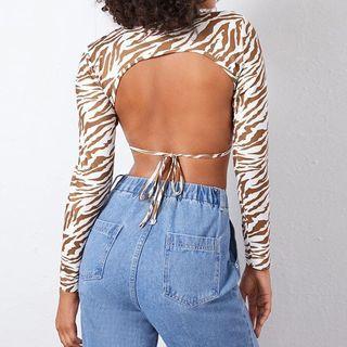 Long Sleeve Zebra Print Open Back T-shirt