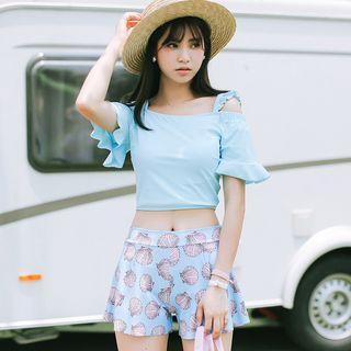 Set: Short-sleeve Swim Top + Seashell Print Swim Bottom + Swim Shorts