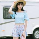 Set: Short-sleeve Swim Top + Seashell Print Swim Bottom + Swim Shorts