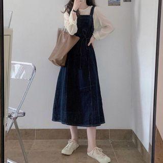 Set: Long Sleeve Plain Top + Denim Midi Overall Dress