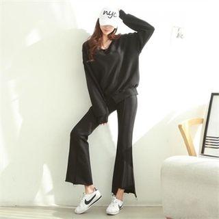 Set: V-neck Sweatshirt + Cutout-hem Boot-cut Sweatpants