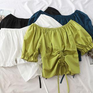 Shirred-front Short-sleeve Cropped Blouse
