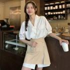 Elbow-sleeve Striped Mini Shirtdress / Side-slit Button-up Mini Skirt