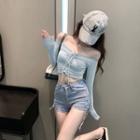 Long-sleeve Off-shoulder Drawstring Cropped T-shirt