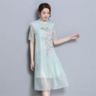 Embroidered Short-sleeve Chiffon A-line Dress