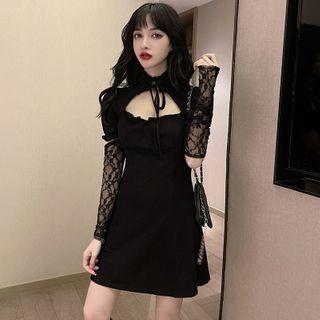 Set: Short-sleeve Cutout-front Mini Dress + Lace Arm Sleeves