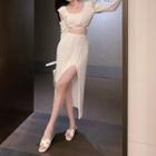Long-sleeve Cold Shoulder Knit Crop Top / Slit Midi Mermaid Skirt