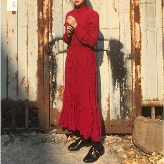 Long-sleeve A-line Crinkle Maxi Dress Red - One Size