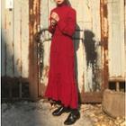 Long-sleeve A-line Crinkle Maxi Dress Red - One Size