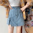 Slit-hem Denim A-line Mini Skirt