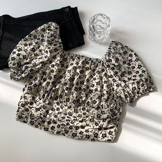 Puff-sleeve Floral Print Crop Top Black Floral - Almond - One Size