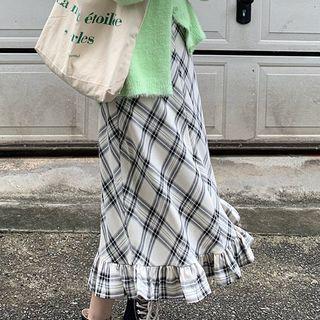 Black & White Plaid High-waist Medium Long Skirt