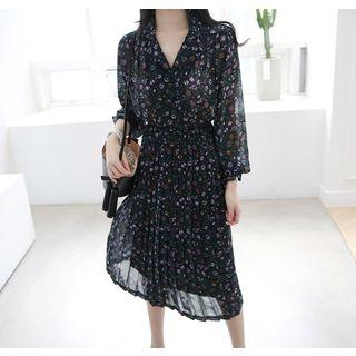 Pleated Floral Chiffon Midi Dress