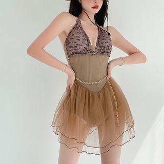 Halter Lettering Mesh Swimdress