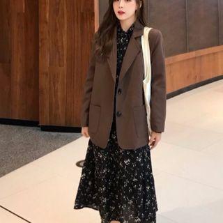 Plain Blazer / Long-sleeve Floral Printed Midi Dress