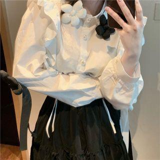 Flower Accent Ruffle Trim Blouse White - One Size