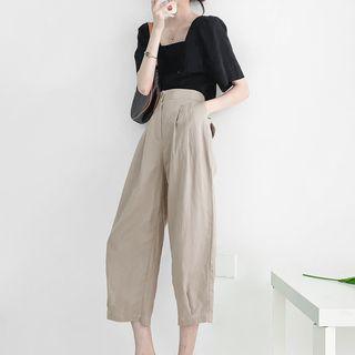 Square-neck Plain Blouse / High-waist Plain Straight-cut Pants