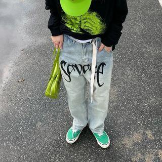 Set: Lettering Straight Leg Jeans + Belt