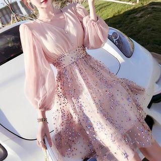 Sequined Puff-sleeve A-line Dress