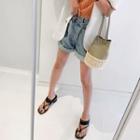 Asymmetric-waist Cuff-hem Denim Shorts