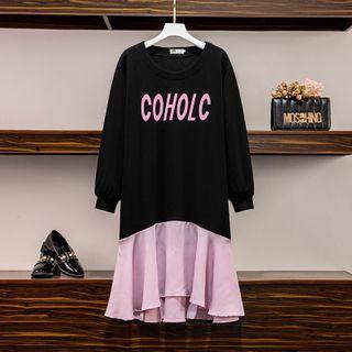 Long-sleeve Lettering Ruffle Hem Midi Dress